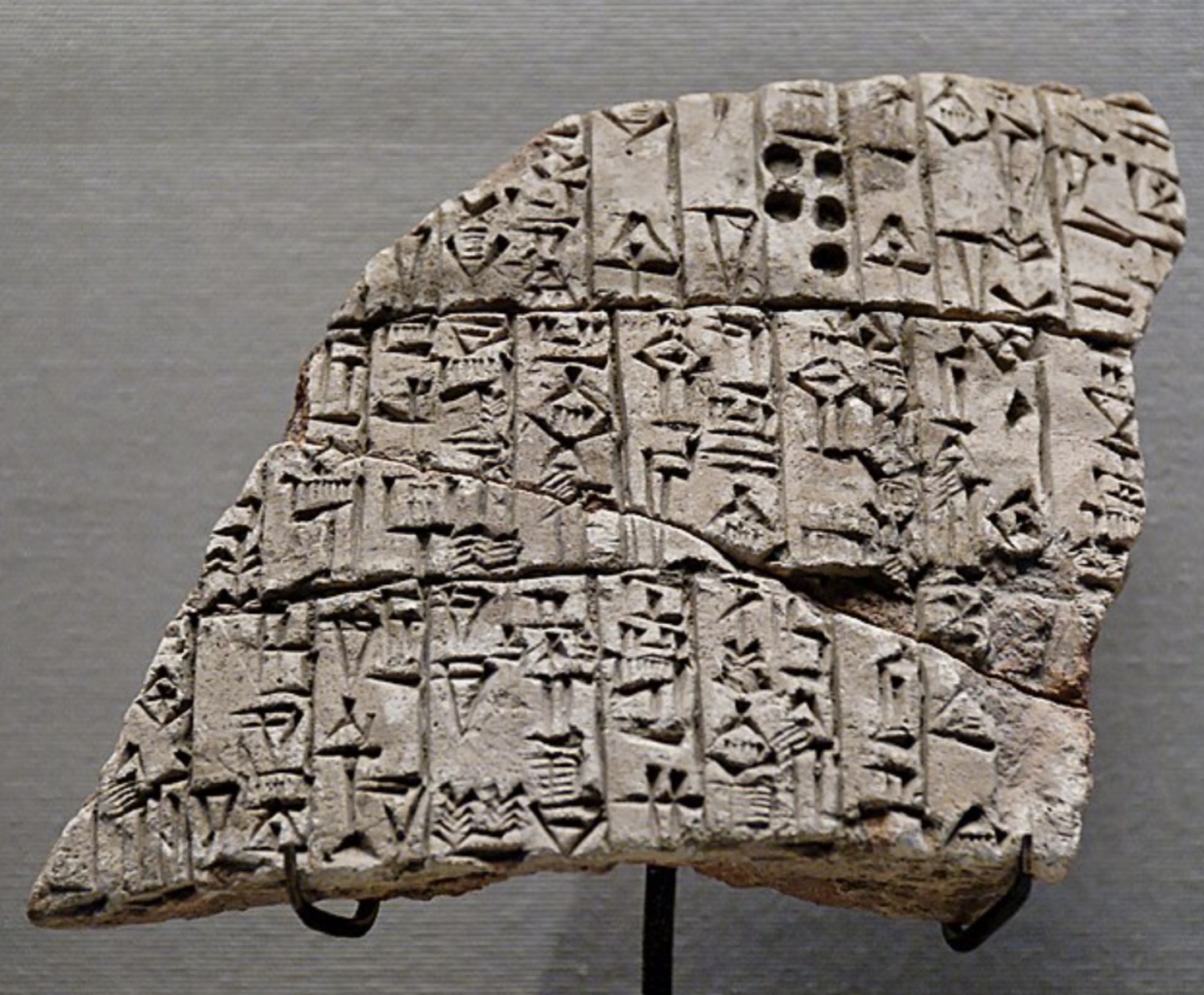 A broken clay cone fragment inscribed with cuneiform script and six circular holes near the top, mounted on a black stand against a gray background.